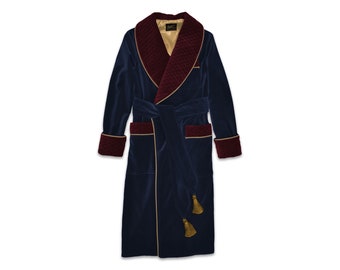 Mens Velvet Dressing Gown Smoking Jacket Robe Navy Blue Wine Red Gold Quilted Silk Collar Dressing Gown Warm Vintage Gentleman Monogrammed