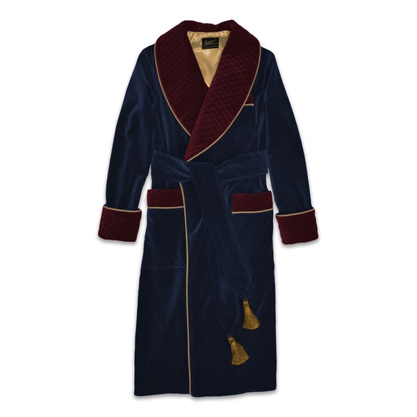 Herren Samt Hausmantel gesteppt Blau Rot Gold Morgenmantel Seide Englisch Smoking Jacket elegant edel warm gefüttert Dressing Gown