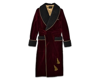 Mens Velvet Dressing Gown Smoking Jacket Robe Burgundy Gold Maroon Wine Quilted Collar Dressing Gown Warm Vintage Gentleman Monogrammed