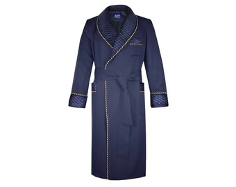 Mens Dressing Gown Navy Cotton, Quilted Satin with Striped Cord Piping, Fleece Lined