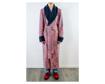 Men’s Dressing Gown Baroque Cotton Velvet Salmon Pink Anthracite Gray Classic Victorian Smoking Jacket Monogrammed Gents Housecoat