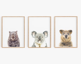 Set of 3 Nursery Prints, Animal Nursery Wall Decor, Koala Print, Wombat, Quokka Print, Woodland Nursery Decor, Animal Art, Baby Shower Gift
