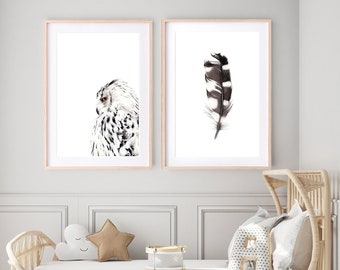 Owl Print, Feather Art Print, Owl Illustration, Bird Art Print, Boho Prints, Scandinavian Art, Gift for Her, House warming Gift