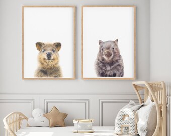 Set of 2 Animal Art Prints, Wombat and Quokka Print, Animal Nursery Prints