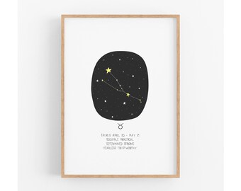 Taurus Zodiac Wall Art Print, Astrology Print, Nursery Prints, Star Sign Print, Kids Wall Art