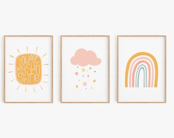 Set of 3 Nursery Prints, Rainbow Print, Boho Nursery Wall Art, Sunshine Print, Baby Shower Gift