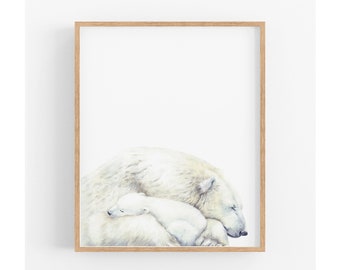 Impresión de vivero de osos polares, cachorro de oso, estampados de animales, arte de pared de animales de guardería, regalo de baby shower