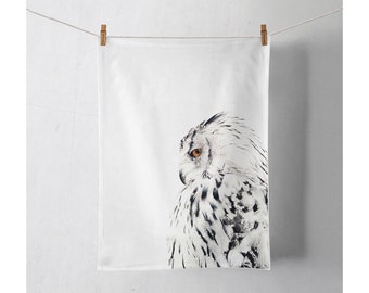 Animal Tea Towel, White Owl Tea Towel, Kitchen Towel, Bird Art, Bird lovers gift, Housewarming Gift, Gift for Mom, Christmas Gift