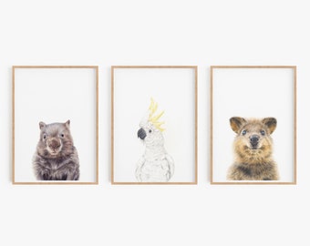 Set of Australian Animal Art Prints, Wombat Quokka and White Cockatoo Print, Australian Nursery, Animal lovers gift