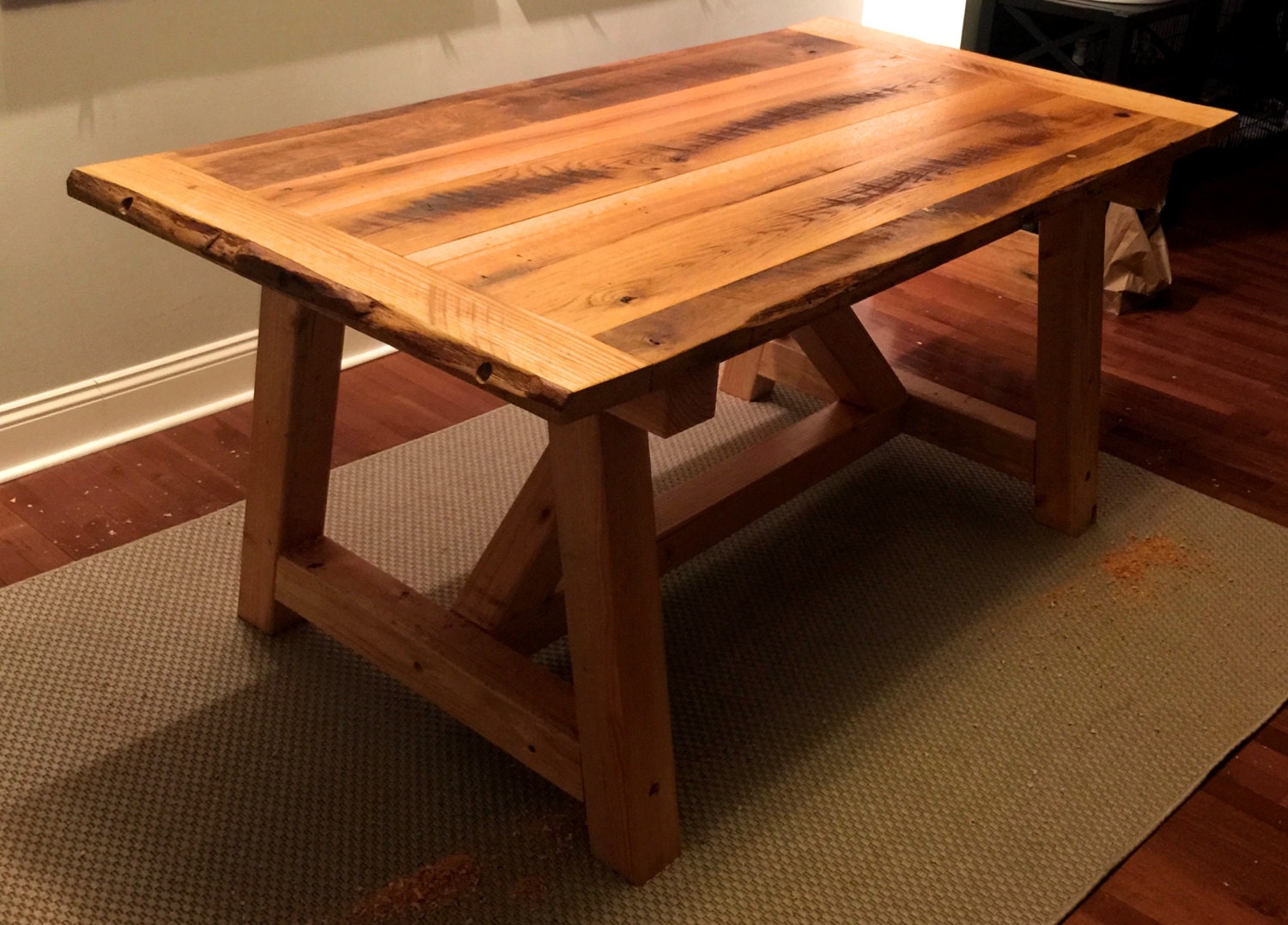 Farm Style Trestle Table Reclaimed Red Oak Tabletop Over Pine Etsy