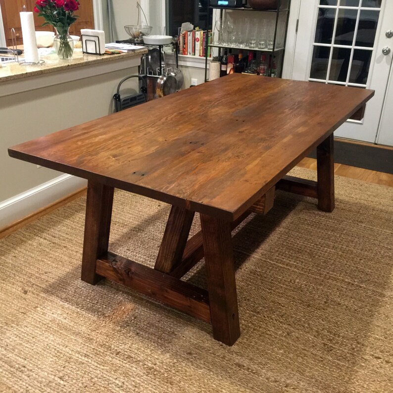 Farm Style Trestle Table Rustic Pine Tabletop Over Base Image 0