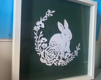 Hand cut paper wall hanging rabbit floral picture  wall art white and green home decor