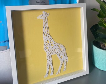 Hand cut paper wall hanging Giraffe picture  wall art white and yellow home decor
