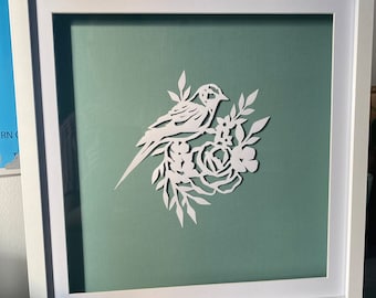 Hand cut paper wall hanging bird and flower picture  wall art white and green home decor