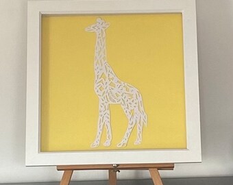 Hand cut paper wall hanging Giraffe picture  wall art white and yellow home decor
