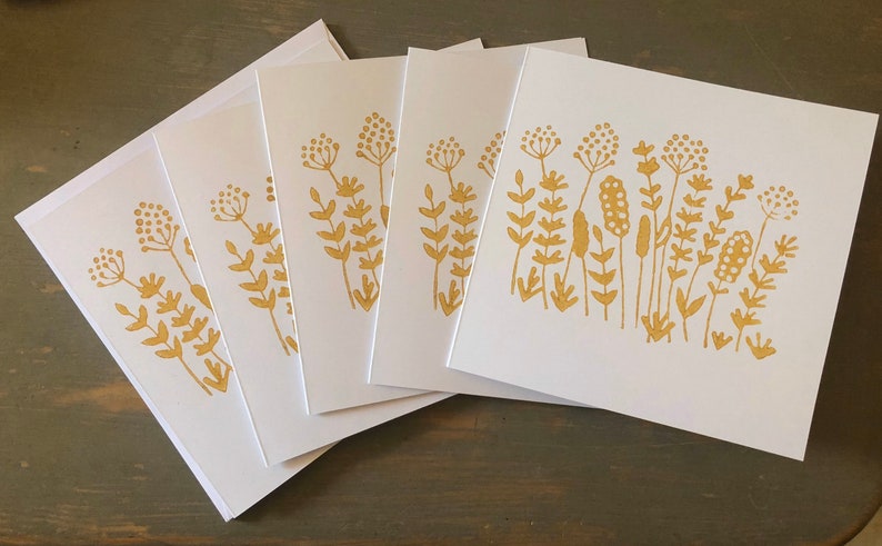 Pack of 5 Handmade cow parsley dandelion hedgerow wild flowers mustard yellow white blank note cards