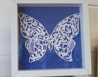 Hand cut paper wall hanging butterfly wall art picture white and blue home decor