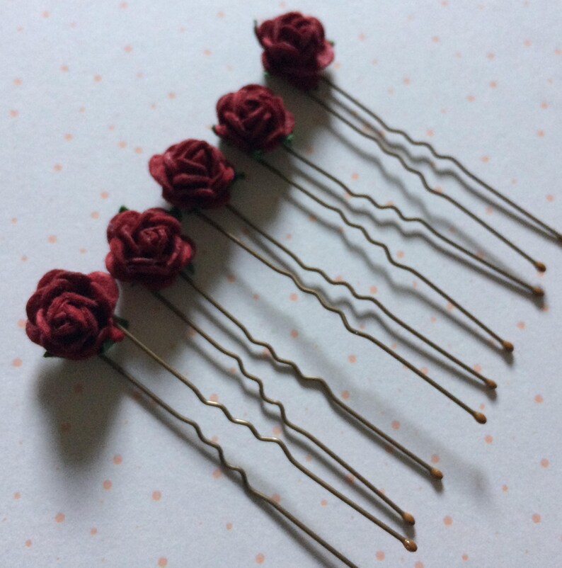 5 Dark Red Aster Daisy Flower Hair Pins Clips Grips Bridesmaid Wedding Occasion