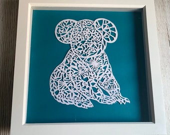 Hand cut paper wall hanging koala bear picture  wall art white and navy home decor