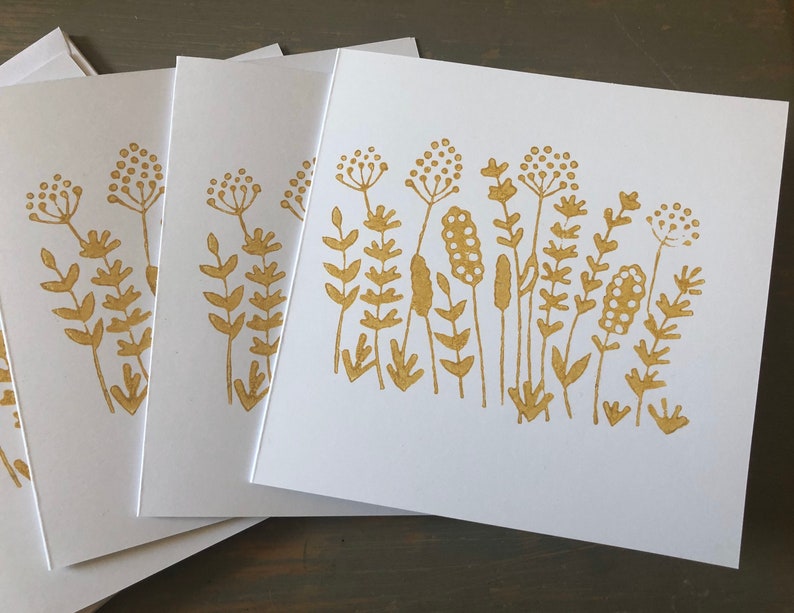 Pack of 5 Handmade cow parsley dandelion hedgerow wild flowers mustard yellow white blank note cards