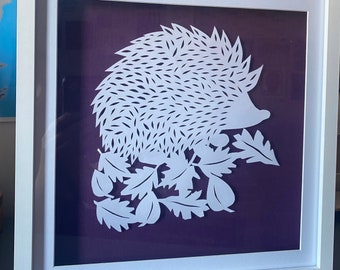 Hand cut paper wall hanging a hedgehog with leaves wall art picture white and purple home decor