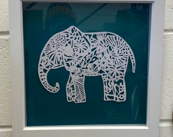 Hand cut paper wall hanging elephant picture  wall art white and teal home decor