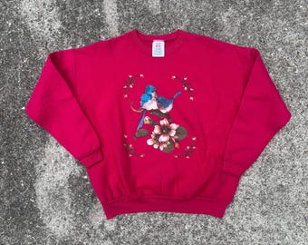 Sudadera vintage de cuello redondo con pájaros y naturaleza de los años 90, talla grande, de Hanes
