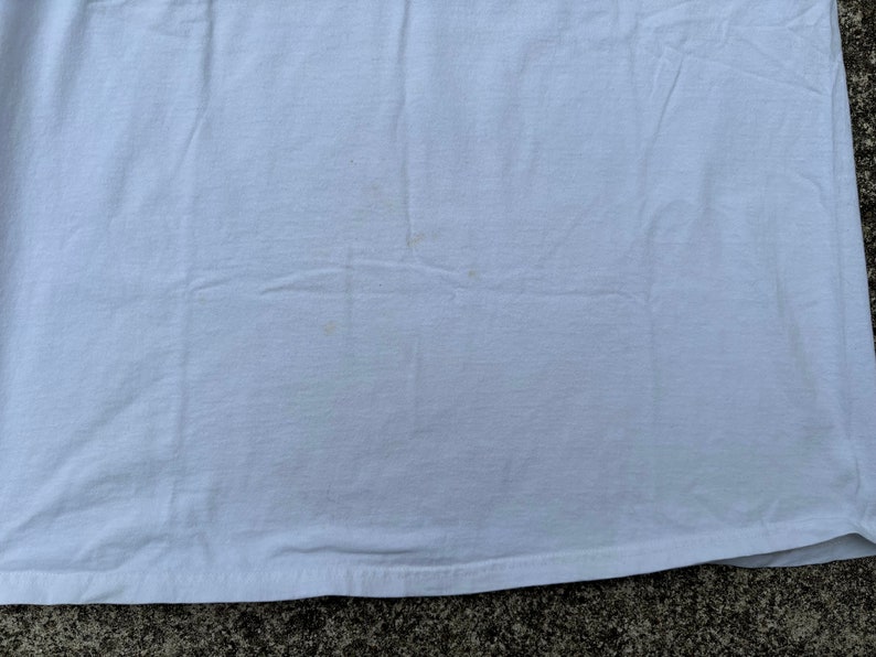 May include: A plain white t-shirt with a few small, light brown stains.