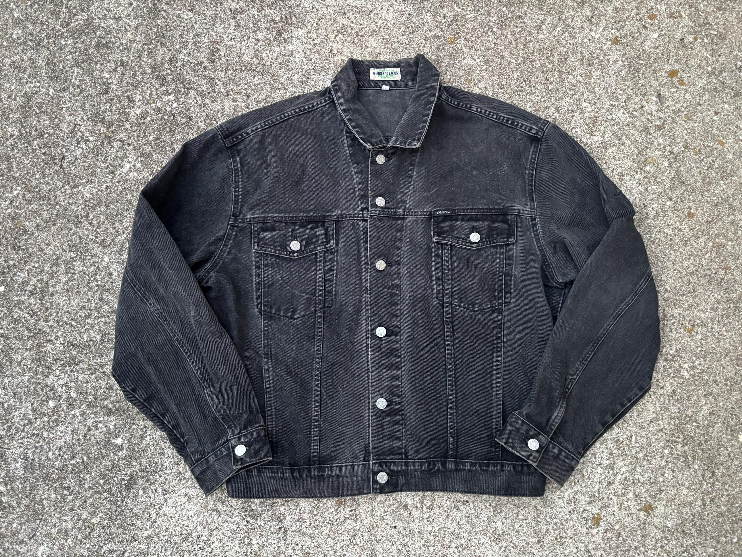 90s guess black denim jacket USA製 Vintage Guess Jeans Jacket Mens 3XL Black Denim Trucker Hip