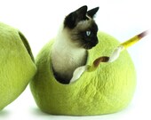 Cat bed, house, cave, nap cocoon Handmade from natural Sheep wool. Color Birch Green. Kivikis