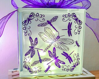 Dragonflies Nightlight cube, Dragonfly Glass Light block, Personalised or Personalized Keepsake Gift