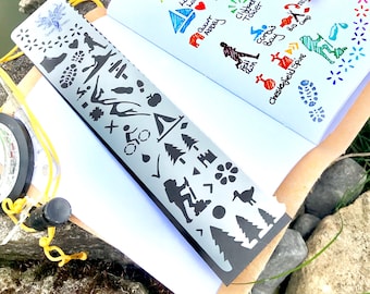 Adventure Bookmark Journal Stencil with outdoors activity shapes & OS Symbols great for sports and outdoor enthuasists, craft stencil