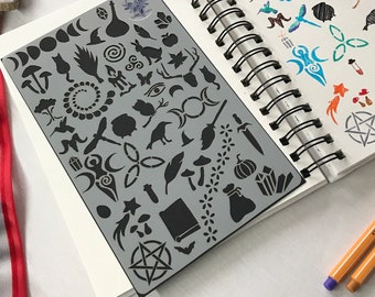 Wiccan Journal Stencil, Witchcraft or Wizardry arts and crafts stencil, Witch Wizard or RPG Magic shapes Grimoire or Book of Spells