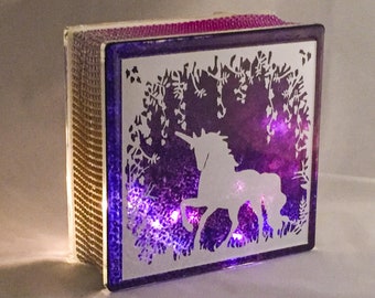 Unicorn Nightlight, Mythical Glass Light block, Personalised or Personalized Keepsake Gift