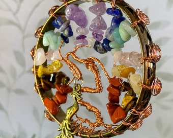 Chakra Crystals Tree of life Suncatcher with Phoenix charm, Wire Work Crystals Tree on 7cm (2.8inch) metal band, Spiritual Gift