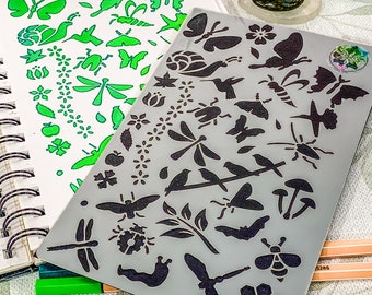 A Bugs Life Nature craft stencil, Dragonflies, Butterflies Journal Stencil Hobonichi, beetles, birds, wildlife Notebook Journal Ideas