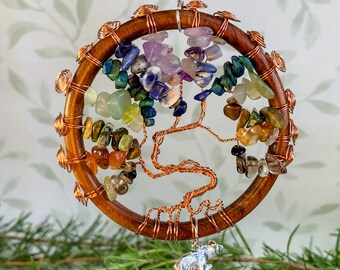 Chakra Crystals Tree of life Suncatcher with Bear charm, Wire Work Crystals Tree on 7cm (2.8inch) wooden band, Spiritual Gift