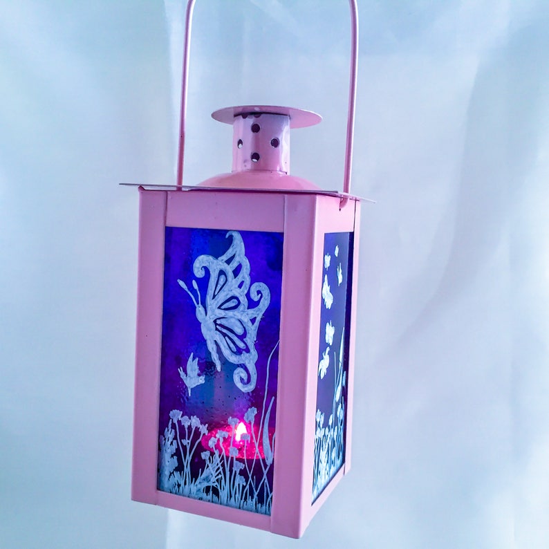 Floral Garden Butterfly design Candle Holder, Butterflies Moorland scene handpainted Lantern, Metal Handpainted Glass Tealight holder, image 6
