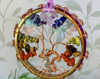 Chakra Crystals Tree of Life Suncatcher with Seahorse silver charm, Wire Work Crystal Tree on 7cm (2.8inch) metal band, Spiritual Gift