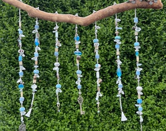 Bohemian Suncatcher in a Blue Key theme, BoHo Beaded Sun-Catcher with crystal Aquamarine finishes