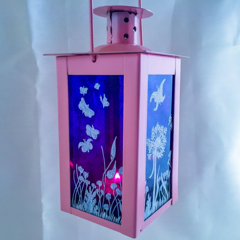 Floral Garden Butterfly design Candle Holder, Butterflies Moorland scene handpainted Lantern, Metal Handpainted Glass Tealight holder, image 5