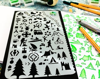 Adventures Journal Stencil, Travel A5 Journal Sized Stencil with adventure activity shapes & OS Symbols, craft mylar stencil