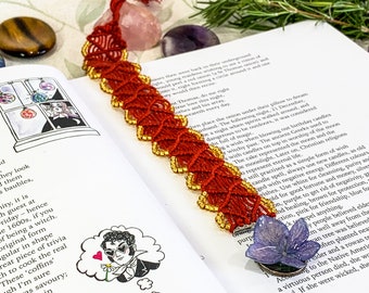 Macrame Bookmark, with Blue Hydrangea charm and gold seed beads in golden brown embroidery threads
