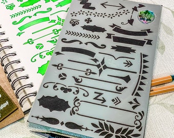 Borders & Banners Planner Journal Stencil, Layouts with Flags and Flourishes, craft mylar stencil, back to school stationery