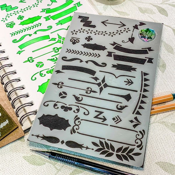 Borders & Banners Planner Journal Stencil, Layouts with Flags and Flourishes, craft mylar stencil, back to school stationery