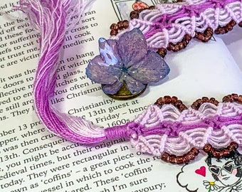 Macrame Bookmark, with Blue Hydrangea Flower, Purple seed beads and Purple & Lilac colour Cotton Embroidery Threads