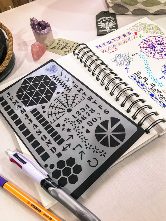 Trackers A5 Stencil, Journal Stencil, Stationery planner shapes and layout spreads images for habit tracking, arts and crafts stencil