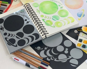 Silhouette Moon and Planet Shapes Art Journal Stencil, Space shapes cutouts and friskets reusable Notebook Crafts Stencil for