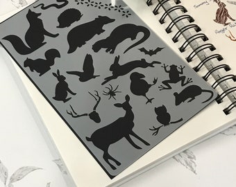 Wildlife Journal Stencil, Brisitsh Animals arts and crafts stencil, Fox, Badger, Stag, Mouse, Barn Owl, Hare, Hedgehog, Frog, Puffin