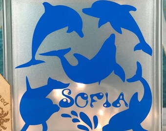Dolphins Nightlight, Dolphin Glass Light block, Personalised or Personalized Ocean lovers Keepsake Gift
